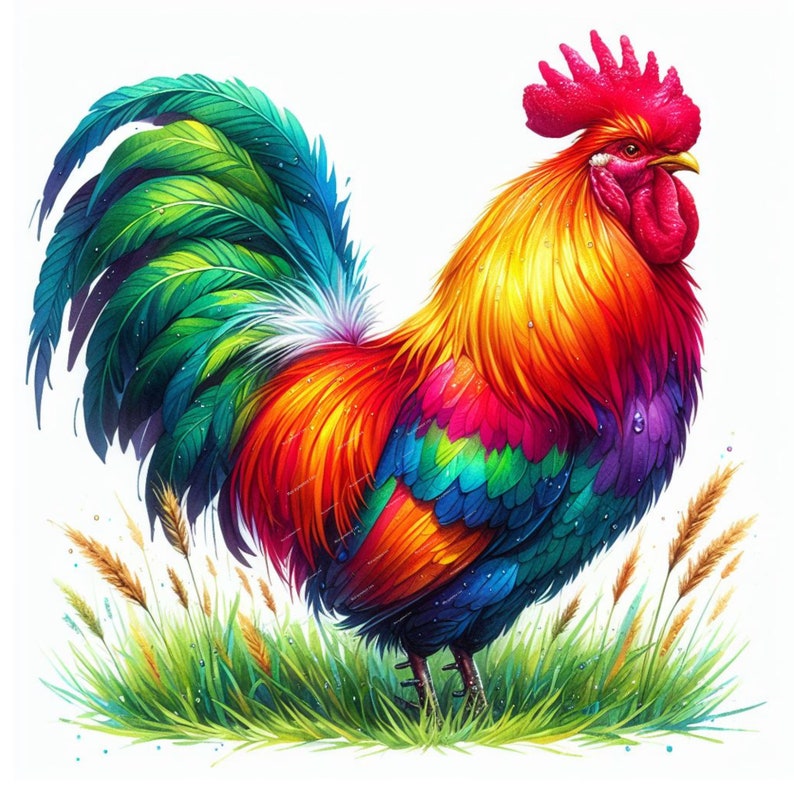 Puede incluir: Ilustraci&oacute;n vibrante de un gallo con cresta y barbilla rojas, y un plumaje colorido de verde, azul, amarillo, naranja y morado. El gallo est&aacute; en un parche de hierba verde con espigas de trigo, sobre un fondo blanco.