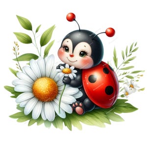 以下が含まれることがあります： デイジーの花を持つ笑顔のてんとう虫の漫画イラスト。 てんとう虫は、黒い水玉模様の赤い殻、黒い頭、大きな目をしています。 緑の葉と白いデイジーに囲まれています。