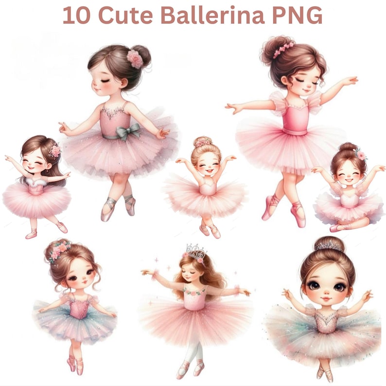 Op de afbeelding: Tien illustraties van schattige ballerina's in verschillende poses. Elke ballerina draagt een roze tutu en balletschoenen. De ballerina's hebben bruin haar en zijn versierd met bloemen of tiara's. De tekst "10 Cute Ballerina PNG" staat bovenaan.