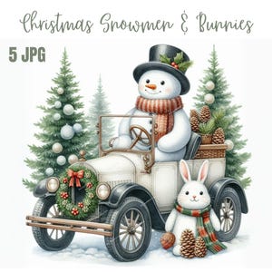Clipart Noël bonhomme de neige et lapins, fichiers JPG de haute qualité, livre souvenir, journaux indésirables, albums de coupures, agendas numériques, usage commercial, sublimation