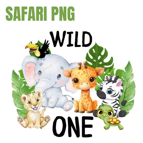 Wild One, wild one birthday, 1st Birthday Safari Jungle Animals Kids Design Watercolor effect T-shirt transfer design PNG, Digital Download