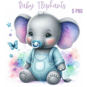 Clipart di ciucci, clipart di elefanti, stampa a sublimazione per cameretta neonato, colori pastello in formato PNG, acquerello, diario di scarto, etichetta regalo per la mamma
