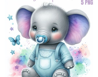 Pacifier Clipart, Elephant Clip Art, Newborn Nursery Sublimation, PNG Pastel Colors Watercolor, Junk Journal, Card Making Gift Tag Mother