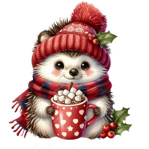 K&ouml;nnte beinhalten: Ein niedlicher Comic-Igel, der eine rote Strickm&uuml;tze mit einem wei&szlig;en Bommel und einen rot-schwarz karierten Schal tr&auml;gt, h&auml;lt eine rote Tasse mit wei&szlig;en Herzen und Sternen, gef&uuml;llt mit hei&szlig;er Schokolade und Marshmallows.