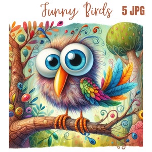 Imágenes prediseñadas de pájaros caprichosos, pájaros divertidos, imágenes prediseñadas digitales, imágenes prediseñadas de acuarela, archivos JPG de alta calidad, imágenes prediseñadas imprimibles, descarga digital, manualidades