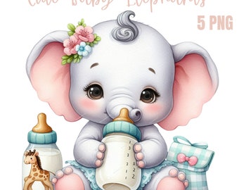 Clipart de biberón y elefante en acuarela / Clipart de elefante bebé PNG / Decoración de guardería Descarga digital / Baby Shower y uso comercial