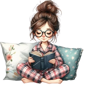 12 imágenes PNG de chica leyendo, imágenes PNG de alta calidad, chica leyendo con gafas, descarga digital, imágenes prediseñadas de acuarela, licencia comercial
