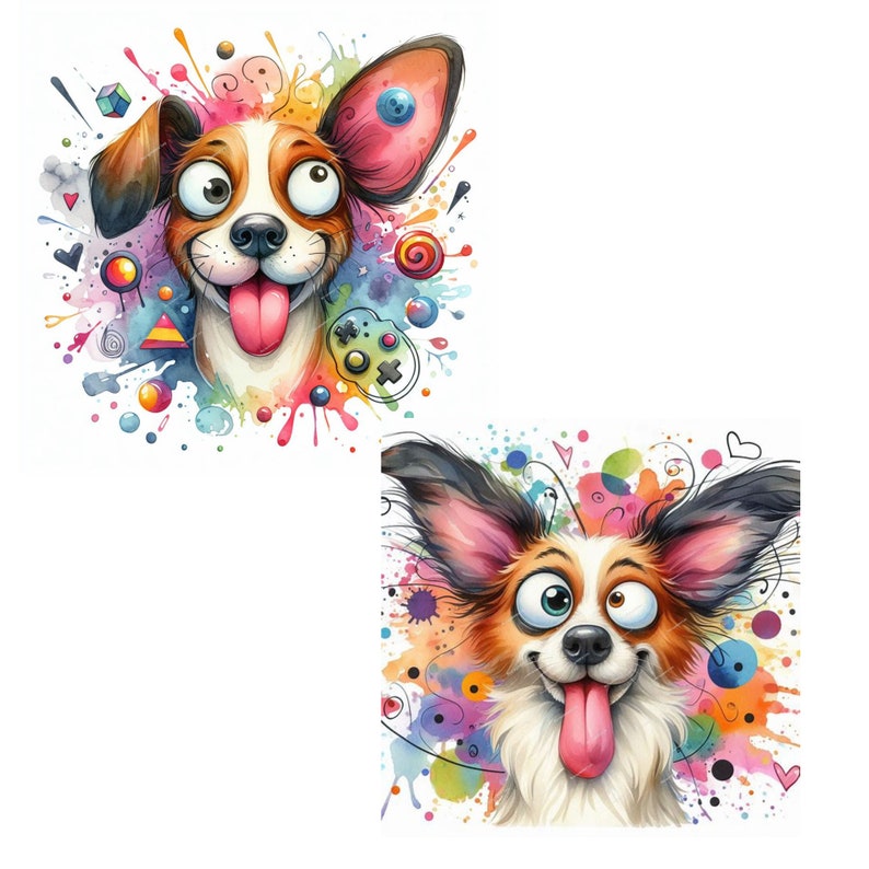 May include: Two cartoon dogs with colorful backgrounds. The dogs have large eyes and are sticking their tongues out. The backgrounds are filled with colorful paint splatters and abstract shapes.