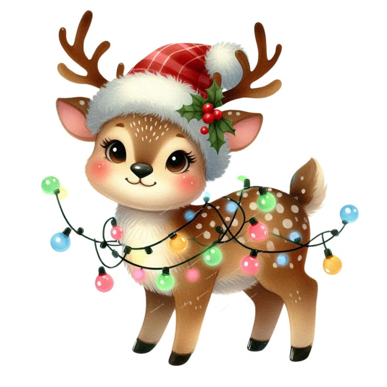 Puede incluir: Un lindo ciervo de dibujos animados con pelaje marr&oacute;n y manchas blancas, que lleva un gorro de Pap&aacute; Noel a cuadros rojos con un pomp&oacute;n blanco y acebo. El ciervo est&aacute; adornado con una guirnalda de luces navide&ntilde;as de colores.