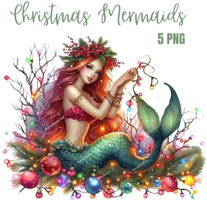 Clipart di sirene natalizie, PNG di alta qualità, libro dei ricordi, diari di scarto, album di ritagli, planner digitali, uso commerciale, sublimazione