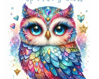 Sparkling Owl Sublimation Clipart – 5 Colorful Owl PNGs, Owl Artwork & Printable Designs