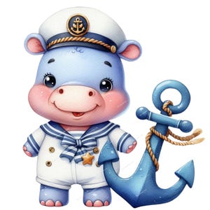 かわいいセーラーカバのクリップアート、海のクリップアート、かわいい動物PNG、面白い動物、カバPNG、スクラップブッキング、ジャンクジャーナル、保育園、カード作り、