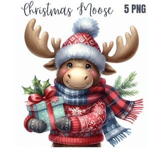 Clipart mignon élan de Noël, PNG de haute qualité, livre de souvenirs, journaux indésirables, albums de coupures, agendas numériques, usage commercial, sublimation