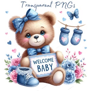 Carino Teddy Welcome Baby Clipart, Nuovo bambino PNG, PNG di alta qualità, Planner digitale, Acquerello, Creazione di biglietti, Diario, Download digitale