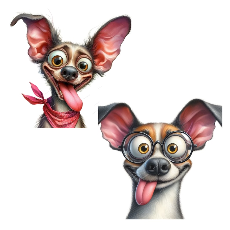 May include: Two cartoon dogs with big eyes and tongues sticking out. The dog on the top has pink ears and a red bandana. The dog on the bottom has black-rimmed glasses.