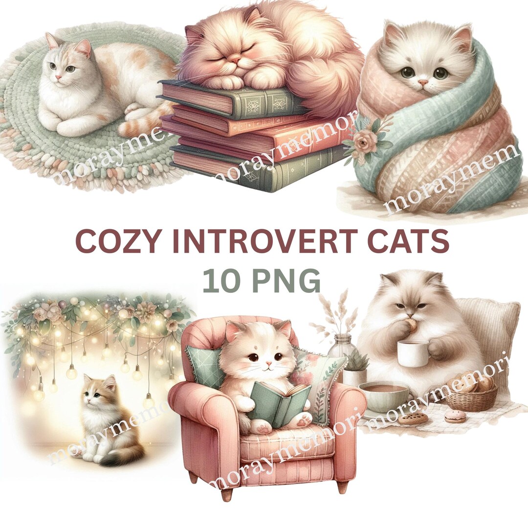 Introvert Crafts Cozy Introvert Cats Clipart Bundle – 10 PNG Cats – Watercolor Pastel ...