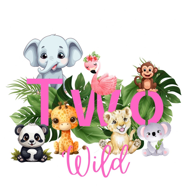 K&ouml;nnte beinhalten: Eine rosafarbene und gr&uuml;ne Dschungel-Geburtstagskarte mit dem Text "Two Wild" und Illustrationen von einem Panda, einer Giraffe, einem L&ouml;wen, einem Elefanten, einem Koala, einem Affen und einem Flamingo.