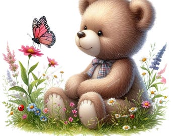 10 bloemen teddybeer clipart, kwekerij teddy, afdrukbare aquarel clipart, hoge kwaliteit jpg's, digitale download, Paper Craft, junk journal