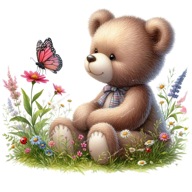 K&ouml;nnte beinhalten: Ein brauner Teddyb&auml;r sitzt in einem Blumenfeld. Der B&auml;r schaut auf einen rosa Schmetterling mit schwarzen Markierungen. Die Blumen sind in verschiedenen Schattierungen von Rosa, Lila und Wei&szlig;.