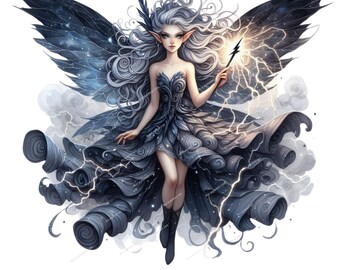 Storm Fairy Clipart PNG | Lightning Fairy | Dark Fantasy Magic Fairy with Wings | Gothic Thunder Fairy Illustration |Magic Fairy| Gothic png