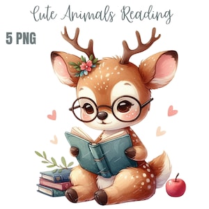 Imágenes prediseñadas de animales lindos leyendo un libro, PNG de alta calidad, PNG lindo para guardería, planificador digital, acuarela, creación de tarjetas, diario, descarga digital