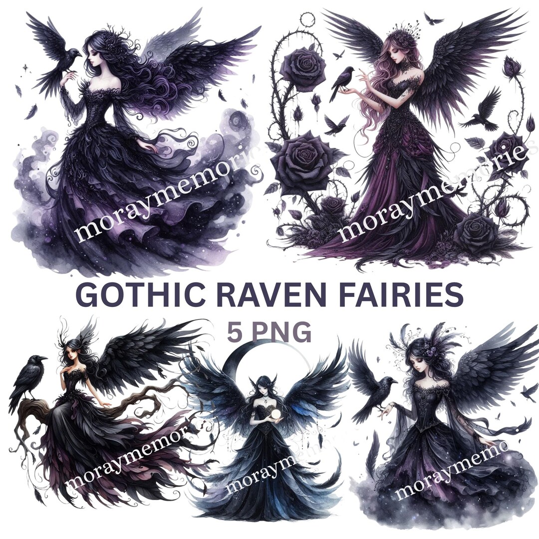 Gothic Raven Fairy Clipart Bundle – 5 PNG Dark Fantasy Fairies ...