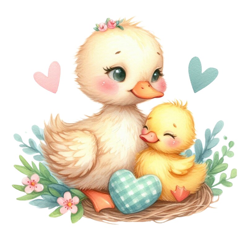 May include: A watercolour illustration of a mother duck and duckling in a nest. The mother duck is cream-coloured with a floral crown, and the duckling is yellow. Pink and blue hearts and greenery surround the nest, creating a charming, whimsical scene.