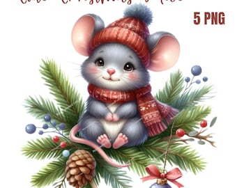 May include: A cute gray mouse wearing a red and white knit hat and scarf sits on a green pine branch with red berries and a blue Christmas ornament. 5 PNG.