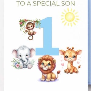 Tarjeta de primer cumpleaños para hijo, descarga digital, imprimible, descarga instantánea, animales de safari, primer cumpleaños, para hijo