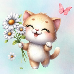 May include: A cute cartoon cat with orange fur and big blue eyes is holding a bouquet of white daisies. The cat is smiling and has a pink nose. The background is a light blue and pink gradient.