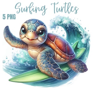 Imágenes prediseñadas de lindas tortugas surfeando, PNG de playa, arte vibrante con ambiente playero, decoración tropical relajante, diseño de sublimación de verano