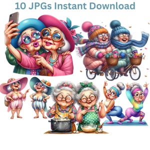 May include: Digital art featuring illustrations of elderly women in various scenarios. The images include women taking selfies, riding bikes, cooking, and doing yoga. The women are wearing hats, glasses, and colorful clothing. Text at the top reads "10 JPGs Instant Download."