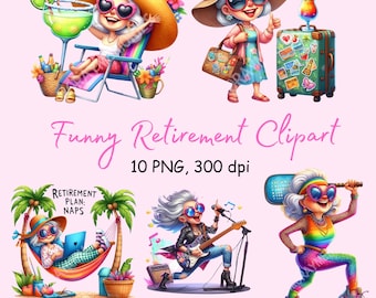 Retirement Clipart PNG bundle, colorful watercolor senior humor, digital high-resolution download