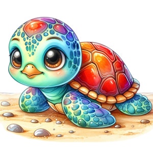 May include: A colorful cartoon sea turtle with a rainbow shell and big blue eyes. The turtle is on a sandy beach.