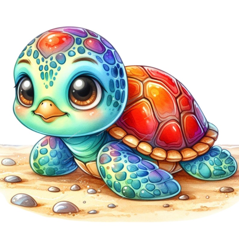 May include: A colorful cartoon sea turtle with a rainbow shell and big blue eyes. The turtle is on a sandy beach.