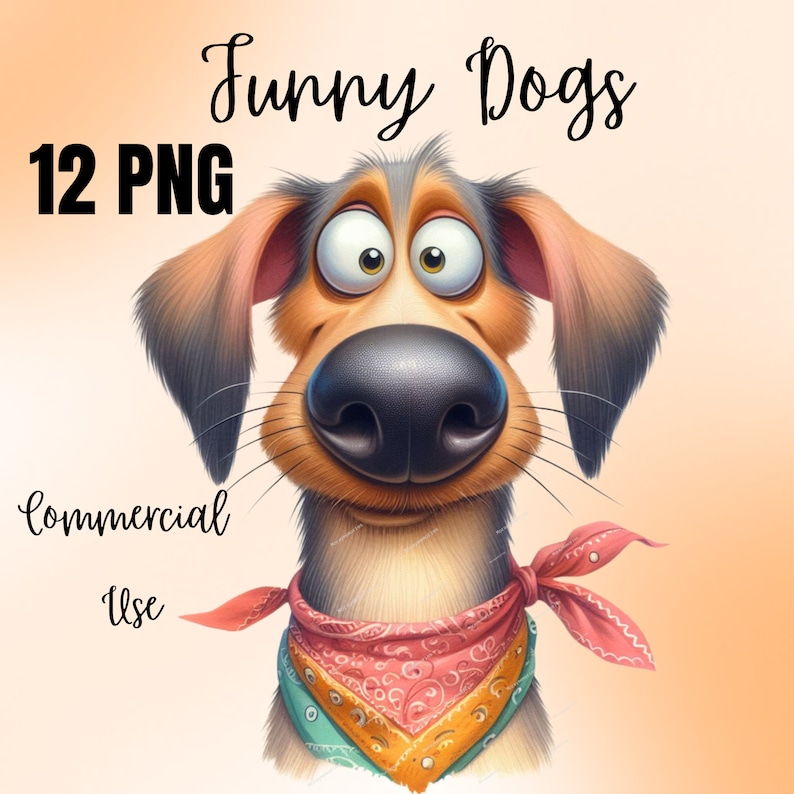 May include: A cartoon dog with big brown eyes and a black nose wearing a pink and orange bandana. The dog is looking directly at the viewer. The text "Funny Dogs" and "12 PNG" are at the top of the image. The text "commercial use" is at the bottom of the image.