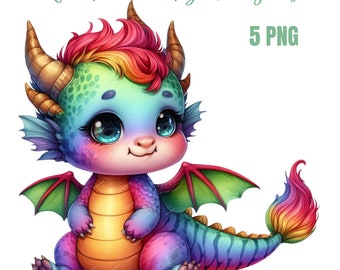 Cute Rainbow Baby Dragons Watercolor Clipart, Cute baby dragons, baby dragon clipart, dragon png, dragon birthday,art, fantasy clipart