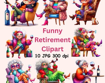 Funny Retirement Clipart Bundle, Humorous Party Illustrations, Instant Digital Download