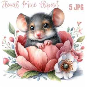 JPG, paquete de imágenes prediseñadas de ratón floral, imágenes prediseñadas de ratón lindo, sublimación de ratón, imágenes prediseñadas de ratón de acuarela, ratones lindos, paquete de imágenes prediseñadas de ratón adorable