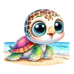 May include: A cartoon illustration of a cute sea turtle with big eyes, a pink and orange shell, and green flippers. The turtle is on a sandy beach with blue ocean waves in the background.