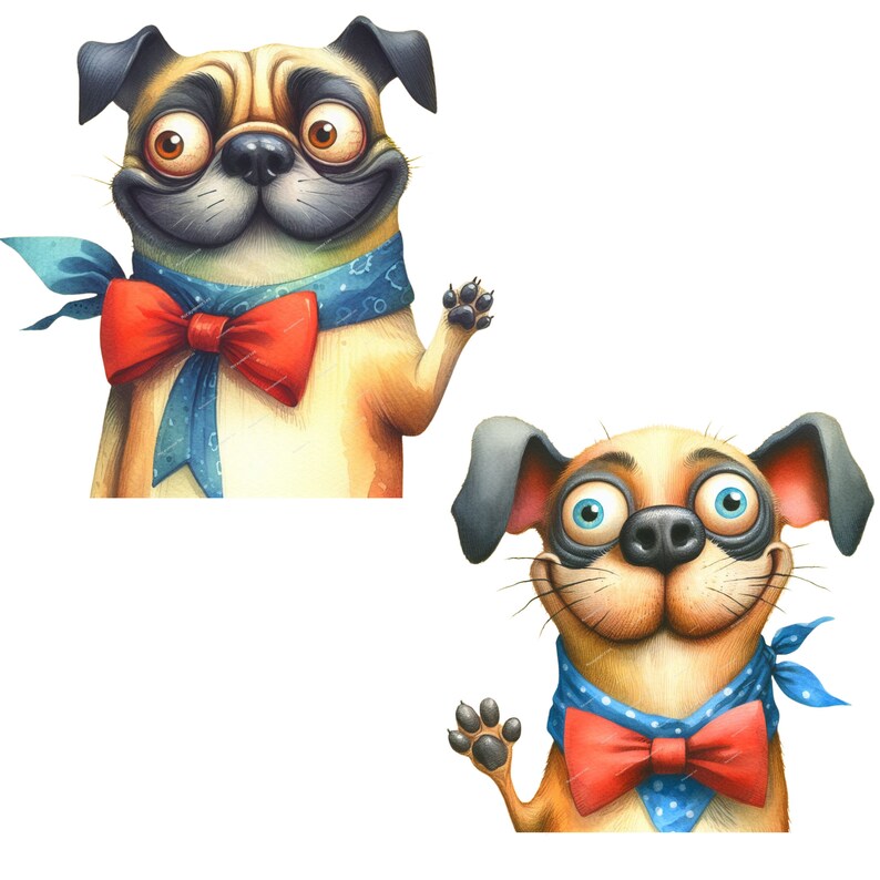 May include: Two cartoon pug dogs with big eyes and goofy smiles. Both dogs are wearing blue and white patterned bow ties with red bows. The dog on the left is waving with its right paw. The dog on the right is waving with its left paw.