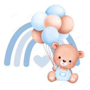 Ours en peluche bleu ballons & arc-en-ciel PNG, Clipart ours en peluche, Shower de bébé ours, anniversaire ours ballons, bébé garçon, téléchargement immédiat