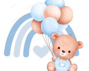 Teddy Bear palloncini blu e arcobaleno PNG, Clipart TeddyBear, Bear Baby Shower, palloncini compleanno orso, neonato, download digitale istantaneo