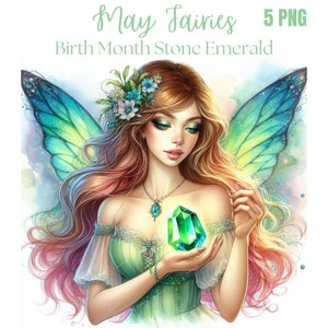 Mei Fairy Clipart bundel, Fairy png, Fairy illustratie png, geboortemaand steen, Emerald, Digital Paper Craft, sublimatie, commercieel gebruik
