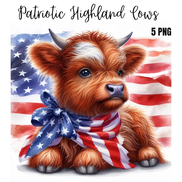 Watercolor Patriotic Highland Cows CollectionClipart, 5 PNG 4th Of July Clipart, American Cow PNG, Baby Cow Clipart Bundle, Commercial Use