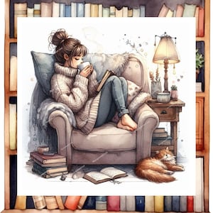 Bookish Girl Reading JPG Clipart, High Quality JPG, Girl Reading With Glasses, Digital Download, Watercolor Clipart, Commercial License