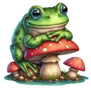 May include: A whimsical illustration of a green frog with large blue eyes, resting on a red and white mushroom. The frog is detailed with spots and sits among other mushrooms and grass, creating a fairytale scene.