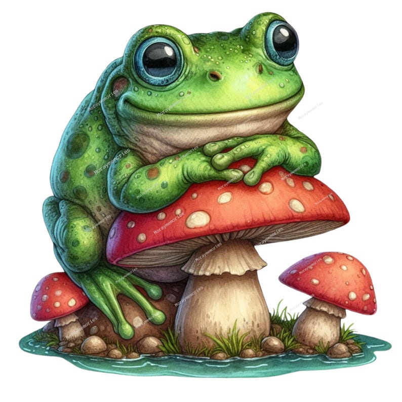 May include: A whimsical illustration of a green frog with large blue eyes, resting on a red and white mushroom. The frog is detailed with spots and sits among other mushrooms and grass, creating a fairytale scene.