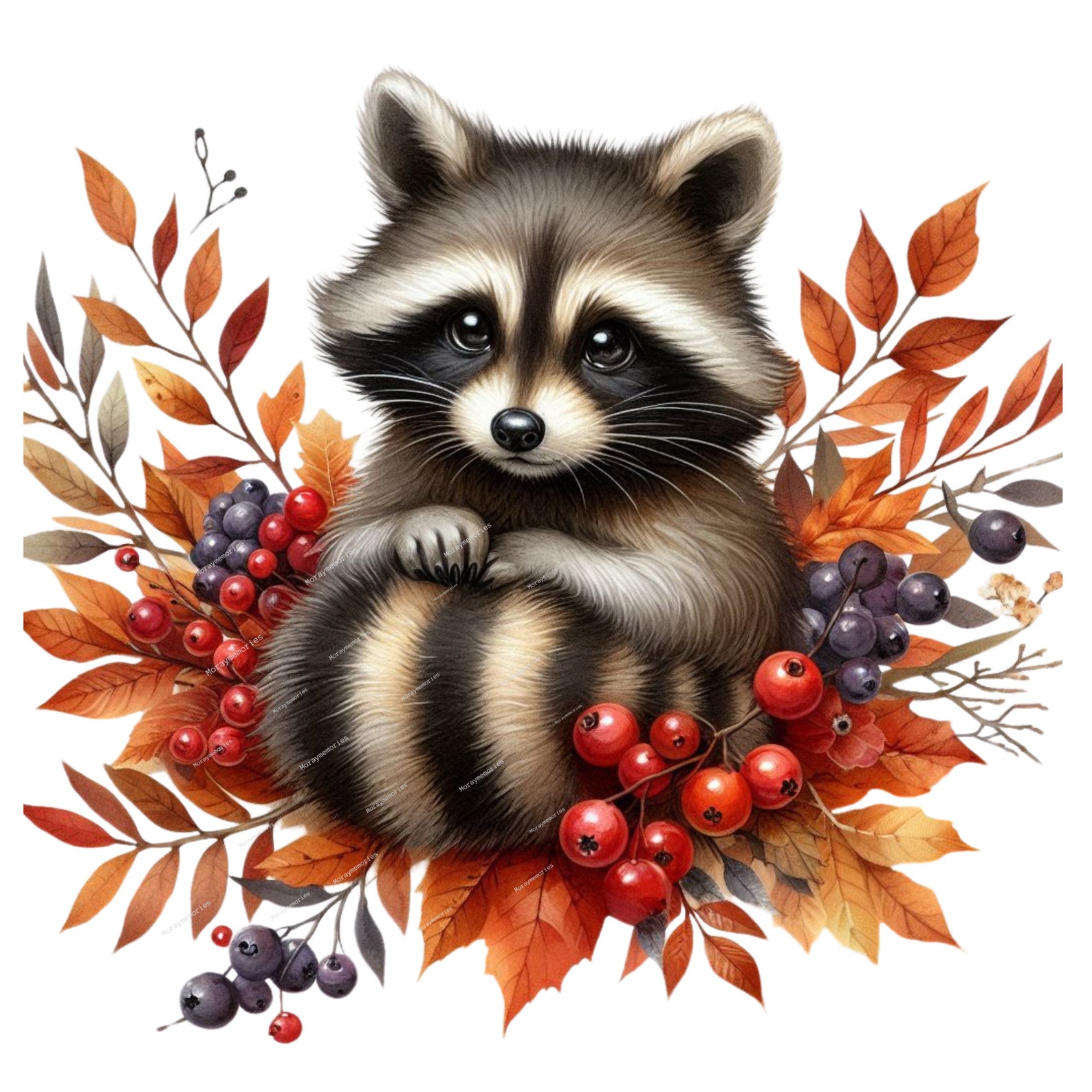 Watercolor Cute Autumn Raccoons, PNG Animal Clipart, Fall Raccoons ...