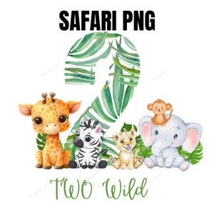 wild one birthday, Two wild 2nd  Birthday Safari Jungle Animals Kids Design Watercolor effect T-shirt transfer design PNG, Digital Download